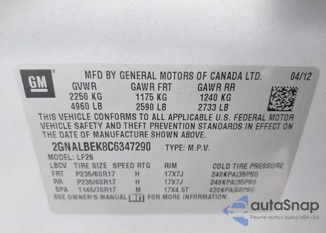 2012 Chevrolet Equinox Ls z USA, uszkodzony, nr VIN 2GNALBEK8C6347290
